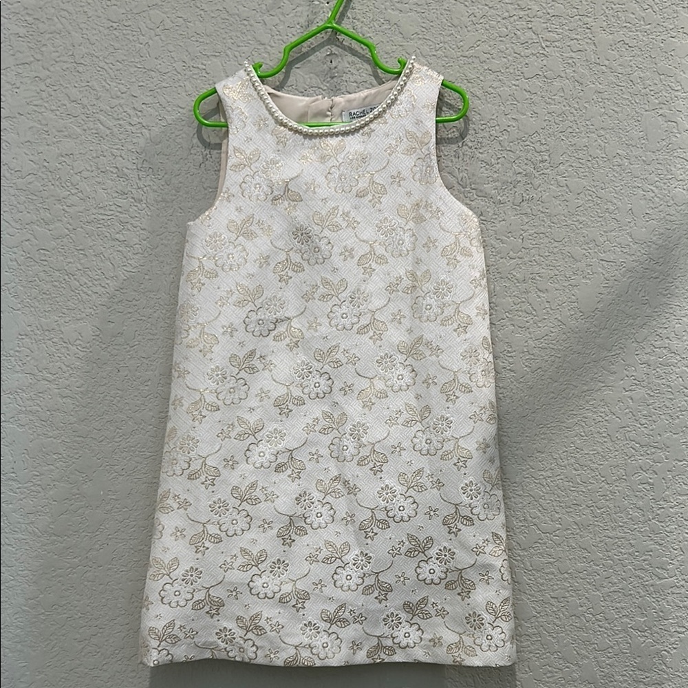 Rachel Zoe cream and gold floral Sheath Dress Sleeveless pearls around Crew Neck